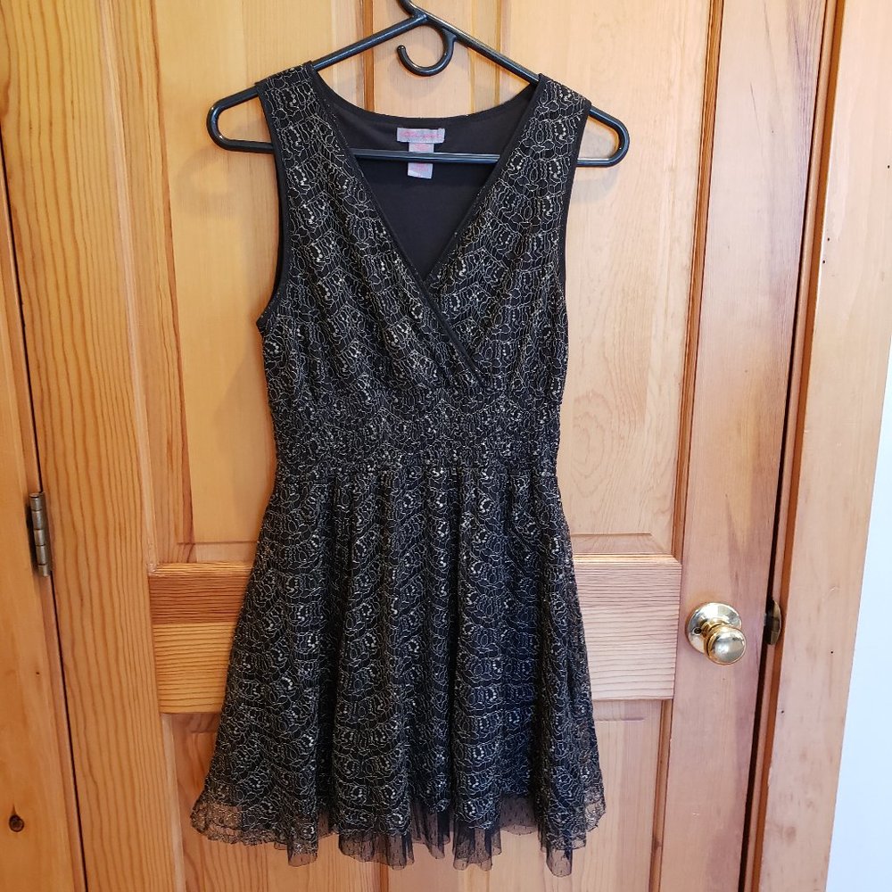 Ultra Pink-Black and Gold Party Dress with Cinched Waist, Size: M